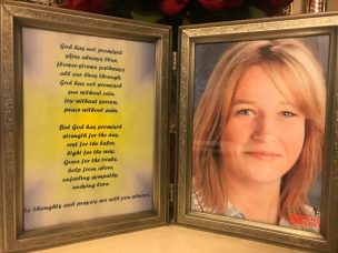 Age progressed photo of Tabitha in a frame accompanied by a prayer